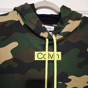 Calvin Klein Y2K Camouflage Hoodie Tshirt Dress Neon Yellow Drawstrings Large